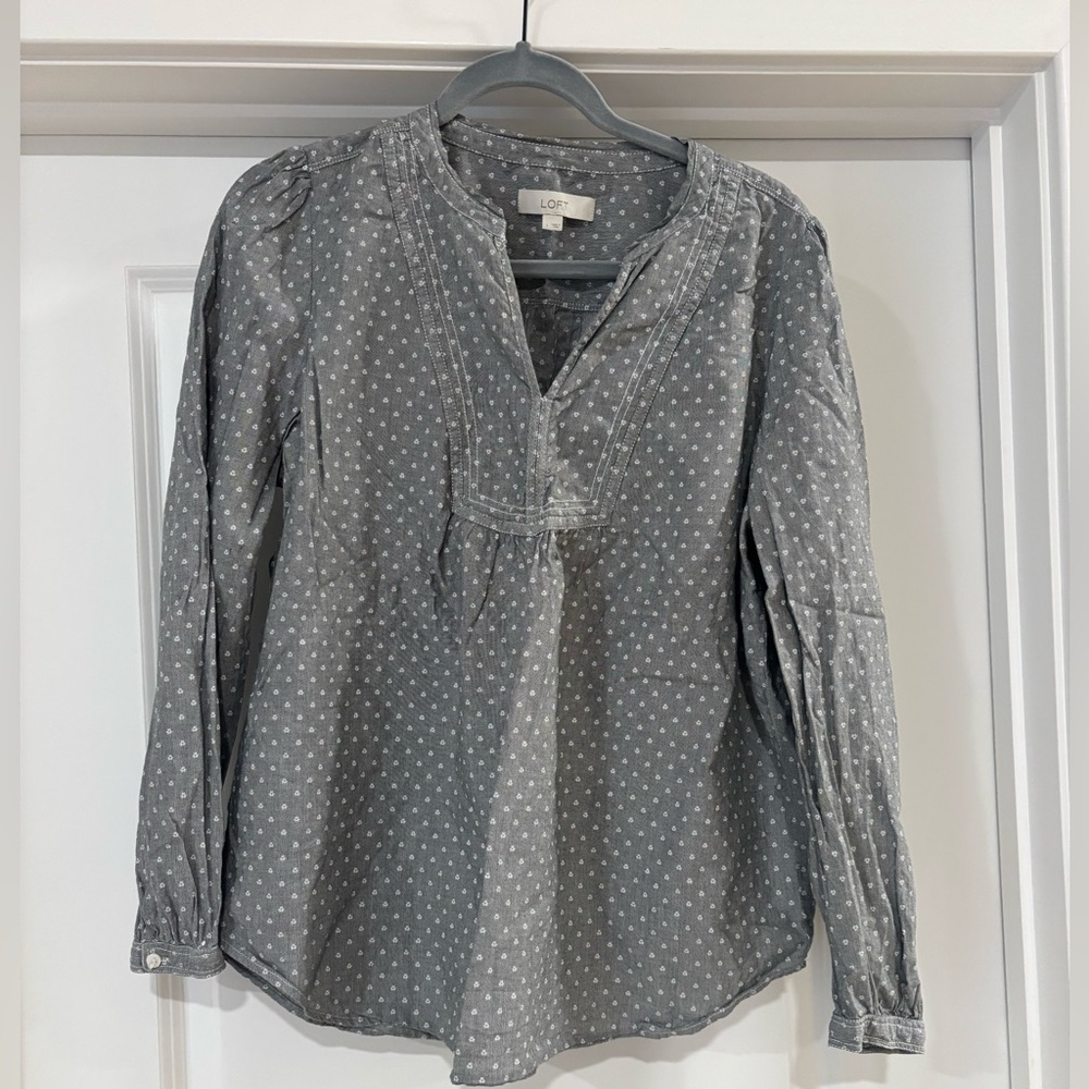 Large LOFT Gray Blouse with Floral Pattern